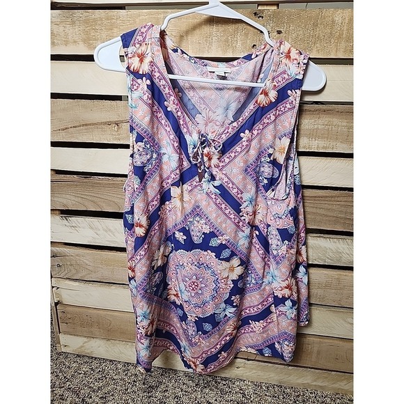 J. Jill Tops - J. Jill Size XL Floral Pink Blue Coral Tie Neck Top Blouse Women